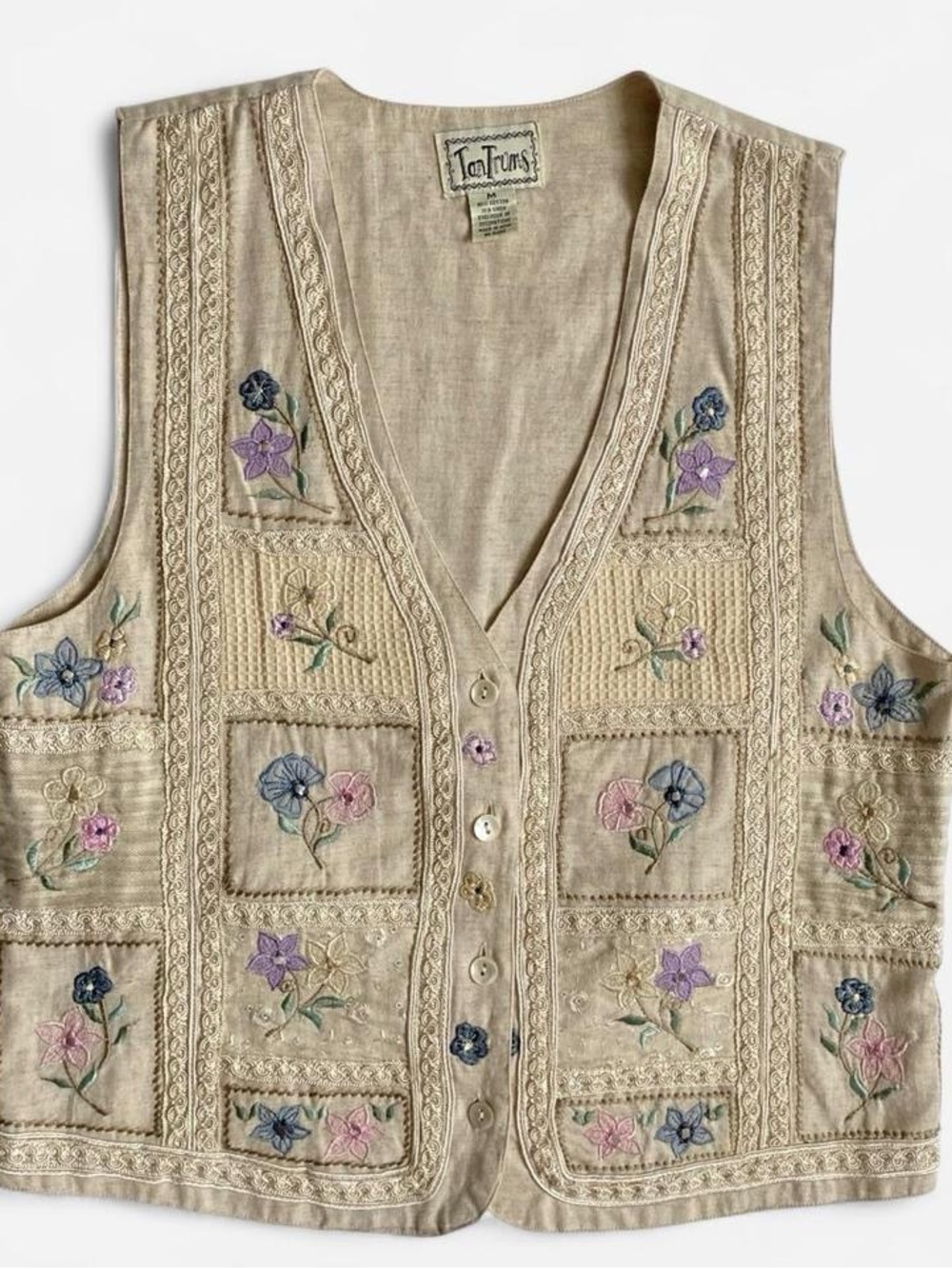 Vintage Beige Cotton & Linen Embroidered Floral Vest